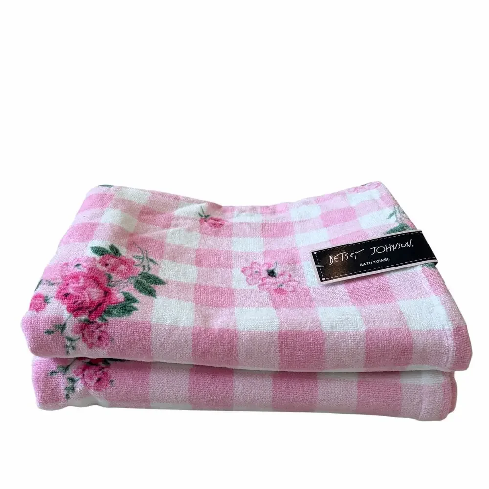 Betsey Johnson Pink Gingham Floral Towels 3pc Set 2 Bath 1 Hand 100% Cotton NEW